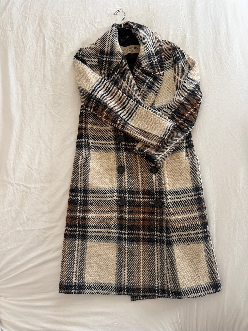 Burberry Cream, Brown and Black Plaid Double-Breasted Pea Coat
